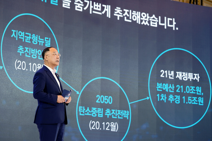 한국판 뉴딜 2.0 보고하는 홍남기 경제부총리. (사진=연합뉴스)