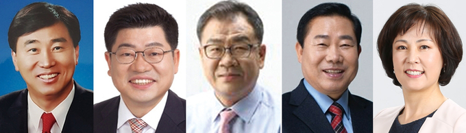 왼쪽부터 김대영 전 시의회 의장, 백종주 전 당 대표 특보단장, 심재민 안양시 소상공인정책연구소장, 장경순 전 경기도 연정부지사, 김필여 시의회. (사진=경기신문 DB)
