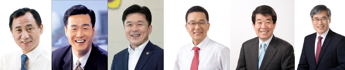 왼쪽부터 고남석 현 구청장(더불어민주당‧63), 정지열 전 연수구의회 의장(더불어민주당‧60), 김희철 인천시의회 의원(더불어민주당‧52), 이재호 전 구청장(국민의힘‧62), 제갈원영 전 인천시의회 의장(국민의힘‧65), 김진용 전 인천경제자유구역청장(국민의힘‧56).