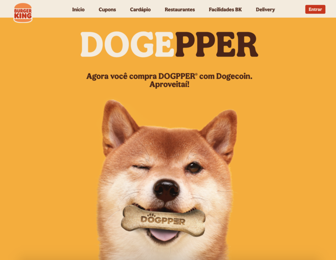 브라질 버거킹은 지난 26일 반려견 간식 ‘독퍼(dogpper)’를 도지코인으로 결제한다고 밝혔다. (사진=브라질 버거킹 홈페이지 갈무리)