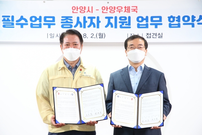 최대호 안양시장과 최종철 안양우체국장이 2일 업무협약을 맺고 필수업무종사자(집배·택배원) 근무환경 개선에 공동 노력하기로 했다. (사진=안양시 제공)