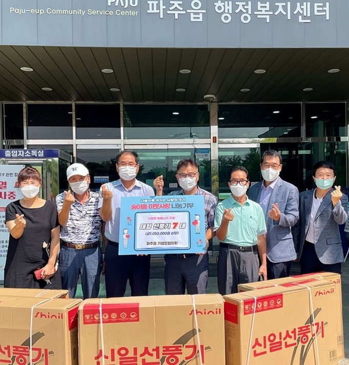 파주읍기업인협의회에서 대형선풍기 7대를 기탁하고 있다. (사진-파주시 제공)