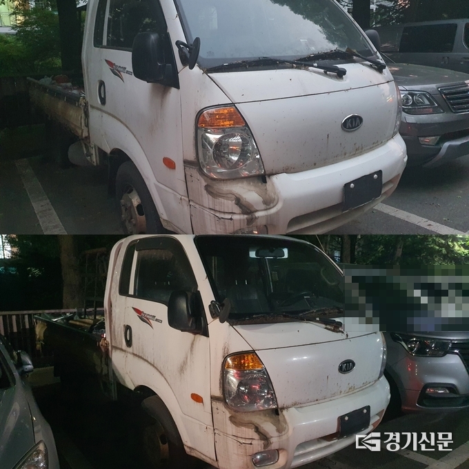 지난 5월14일 찾은 정자공원에 번호판이 없는 트럭이 버려져 있는 모습(위쪽)과 지난 10일 이 트럭이 정자공원에 여전히 자리잡고 있는 모습(아래쪽). (사진=김기현 기자) 