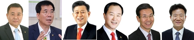 왼쪽부터 신득상(무소속) 강화군의장, 안영수(국민의힘) 전 인천시의원, 유천호(국민의힘) 강화군수, 윤재상(국민의힘) 인천시의원, 이상복(더불어민주당) 전 강화군수, 한연희(더불어민주당) 전 평택부시장. (가나다 순)