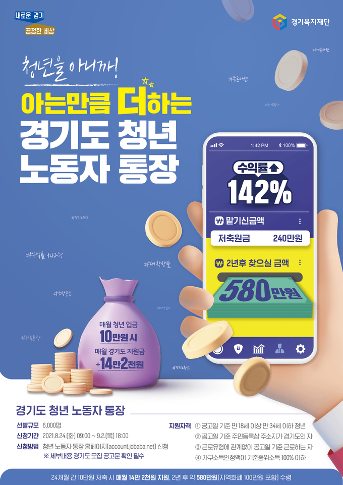 남양주시는 오는 8월 24일 9시부터 9월 2일 18시까지 ‘경기도 청년 노동자 통장’ 2차 신규 가입자 282명을 모집한다.(사진=남양주시 제공)