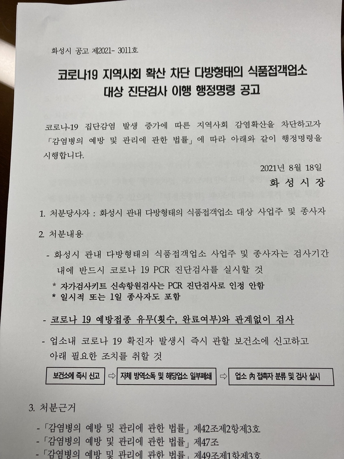 화성시 코로나19 확산 차단을 위한 다방형태 식품접객업소 대상 진단검사 이행 행정명령 공고문. (사진=화성시 제공)