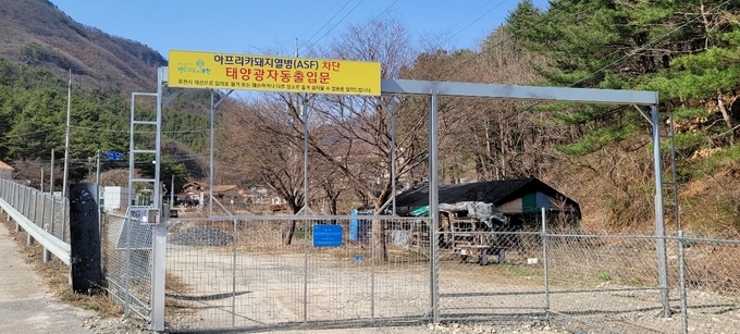 포천시가 야생멧돼지로 전파되는 아프리카돼지열병(ASF) 차단을 위해 관인면 산울타리 일부 구간과 지역 농가 2곳에 태양광으로 작동하는 자동출입문을 설치했다. 사진은 관인면 산울타리에 설치한 태양광 자동출입문. (사진=포천시 제공)