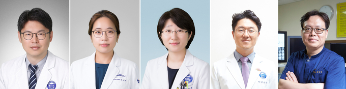 (사진 왼쪽부터)분당 차병원 암센터 혈액종양내과 전홍재·천재경·강버들 교수, 외과 최성훈, 소화기내과 권창일 교수. (사진=분당 차병원 제공)