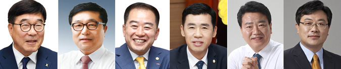 왼쪽부터 신동헌 광주시장, 박관열 경기도의회 의원, 박현철 광주시의회 의원, 임일혁 광주시의회 의장, 박해광 전 광주시의회 의원, 안태준 경기주택공사 부사장. (사진=경기신문 DB)