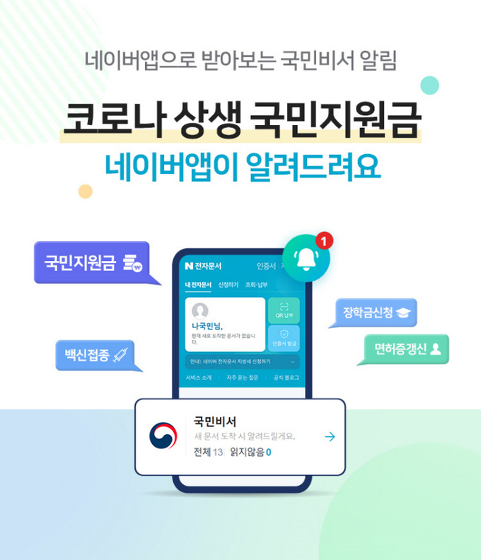 네이버 앱 첫 화면 상단의 'Na' 메뉴를 통해 코로나 상생 국민지원금 관련 안내를 받을 수 있다. (사진=네이버 제공)
