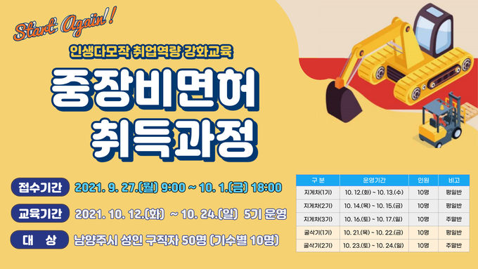 남양주시는 100세 시대 인생 다모작과 안정적인 사회 재정착을 지원하기 위해 오는 27일부터 ‘소형 중장비 면허 취득 과정’ 교육생 50명을 모집한다.(사진=남양주시 제공)