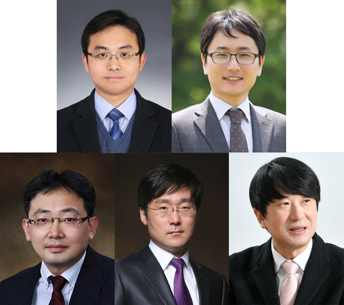 왼쪽부터 인하대학교 김의종 건축학부 교수. 박재형 통신공학과 교수. 이기안 신소재공학과 교수. 원종훈 전기공학과 교수. 박노욱 공간정보공학과 교수. ( 사진= 인하대 제공 )