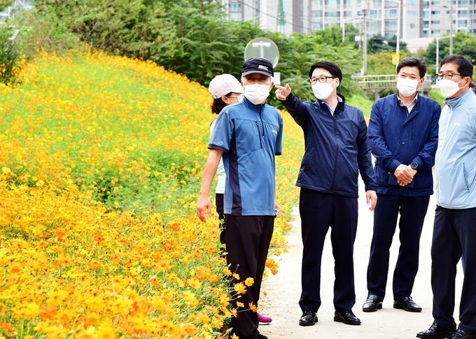 최종환 파주시장이 관계자들과 가을 꽃밭으로 변신한 공릉천변을 점검하고 있다. (사진=파주시 제공)
