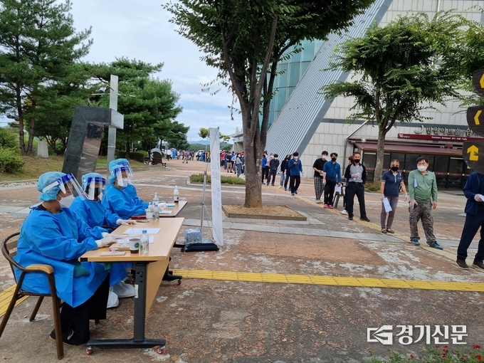 반월아트홀에 설치된 임시선별검사소에 검사를 받기 위해 시민들이 줄을 서 있다. (사진=포천시종합자원봉사센터 제공)