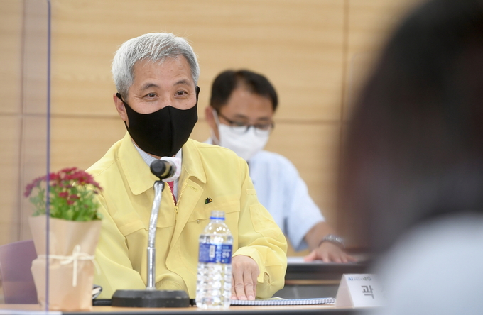 경기정원문화박람회 중간보고회에서 곽상욱 오산시장이 발언을 하고 있다. (사진=오산시 제공)