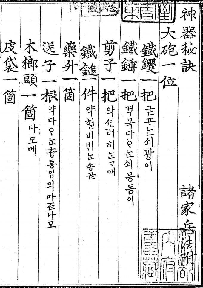 장헌공 한효순이 편찬한 무기 설명서-신기비결. (사진=성남학연구소 제공)
