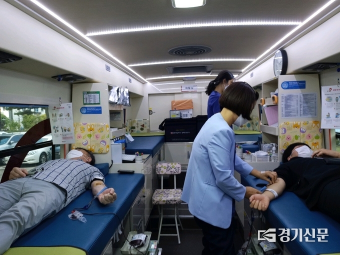19일 경인지방병무청 직원들과 사회복무요원들이 적정 혈액 보유량 유지가 어려운 상황에 조금이나마 도움이 되고자 단체 헌혈을 실시하고 있다. (사진=경인지방병무청 제공)
