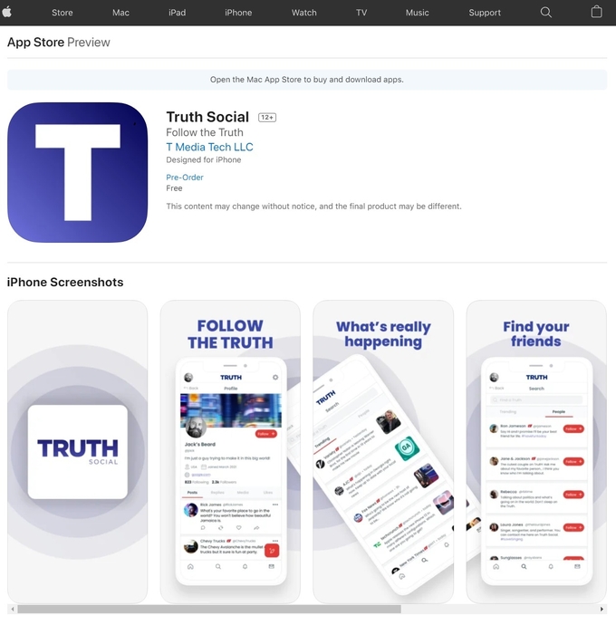 애플 앱스토어에 등록된 TMTG의 SNS '트루스 소셜'의 모습. (사진=애플 앱스토어 캡쳐)