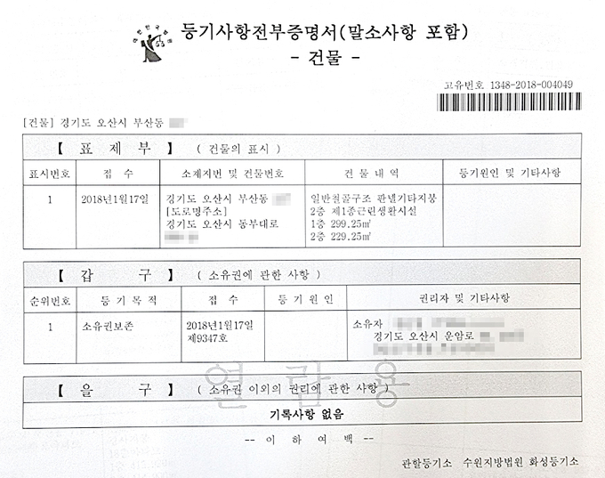 남욱 변호사의 처남이 부친 소유 토지에 건립한 상가건물의 등기부등본. 소유권 이외 권리(은행 대출 등)를 표시하는 '을구'에는 기록사항이 없다. (사진=고태현 기자)