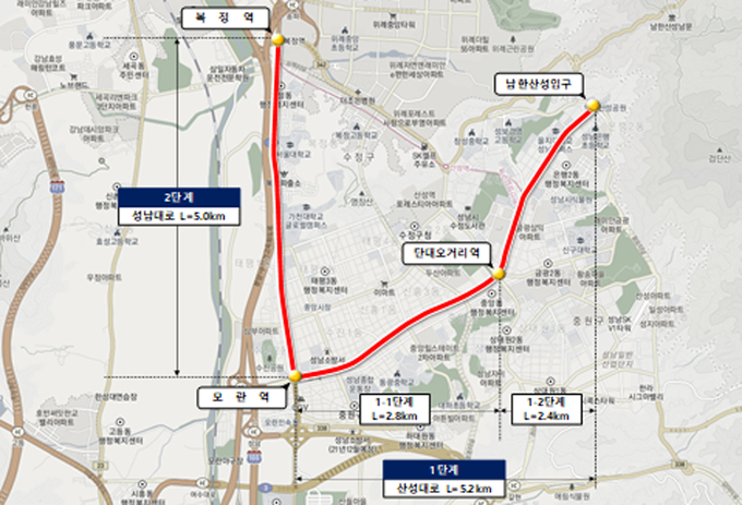 이르면 2024년, 2025년에 산성대로와 성남대로에서 만나볼 수 있는 도로 위의 지하철, S-BRT 노선도. (사진=성남시 제공)
