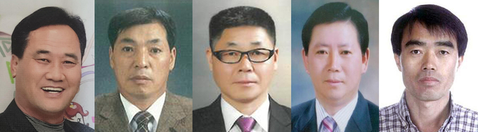 사진 왼쪽부터 고품질 쌀 생산 부문 하석이, 과수·수산·임업 부문 김윤동, 채소·특작 부문 이윤석, 축산부문 유재근, 화훼·과학영농 부문 라승채씨.(사진=파주시 제공)