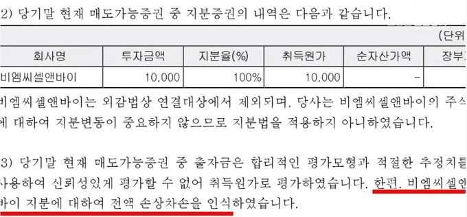 비엠씨셀엔바이의 주식 전량(1000주)을 1000만 원에 인수하고 전액 손상 처리한 비마이카 / 연대 취재진