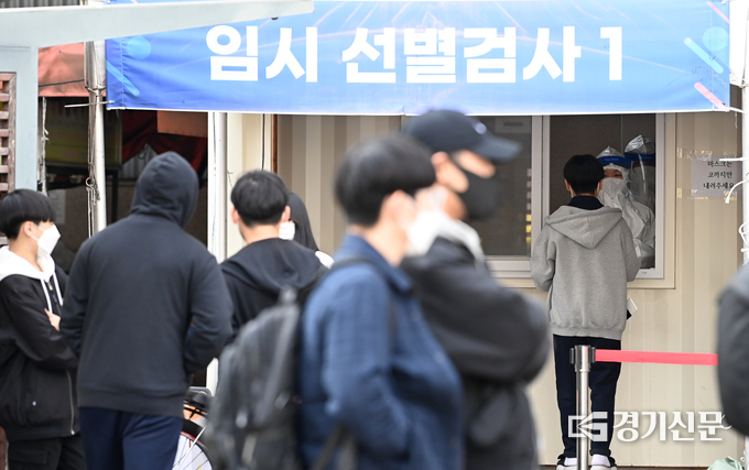코로나19 신규 확진이 역대 두 번째인 3천187명을 기록한 지난 17일 수원역 코로나19 임시선별진료소에서 의료진이 검사를 진행하고 있다. (사진= 조병석 기자)