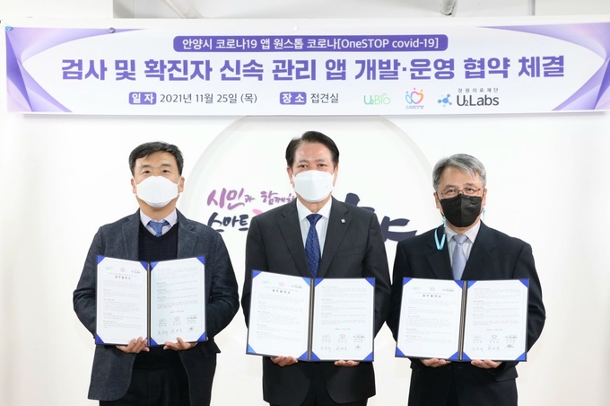안양시 검사 및 확진자 신속관리앱 개발 운영 협약식을 체결했다. (사진=안양시 제공)