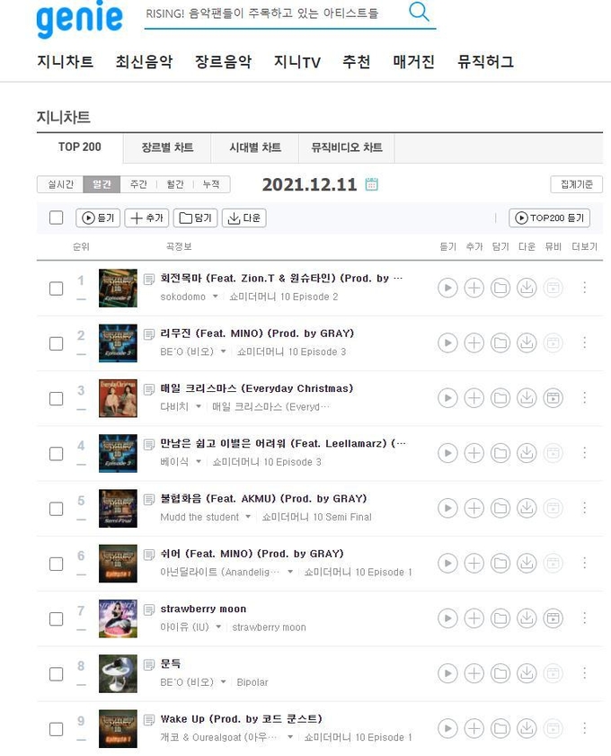 지니뮤직 11일자 일간 차트. (사진=지니뮤직 홈페이지 캡처/연합뉴스)