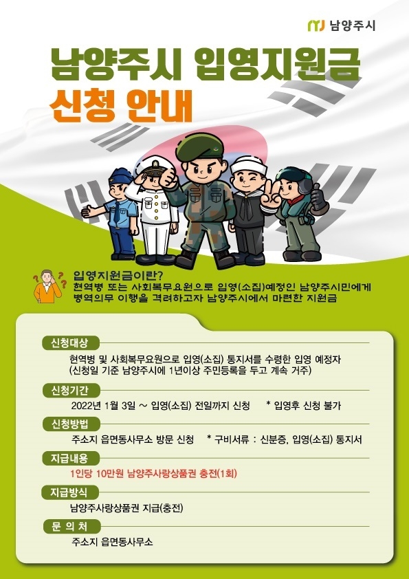 남양주시는 오는 2022년부터 현역병이나 사회복무요원으로 입영하는 남양주시민에게 10만원 입영지원금을 지급한다.(사진=남양주시 제공)