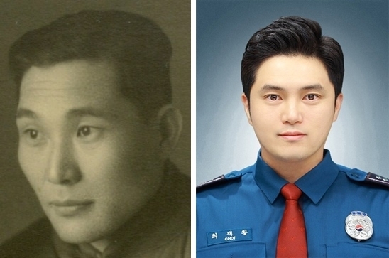 독립운동가 최장학씨(왼쪽)와 손자 최재황 경위. ( 사진 = 인천경찰청 제공 ) 