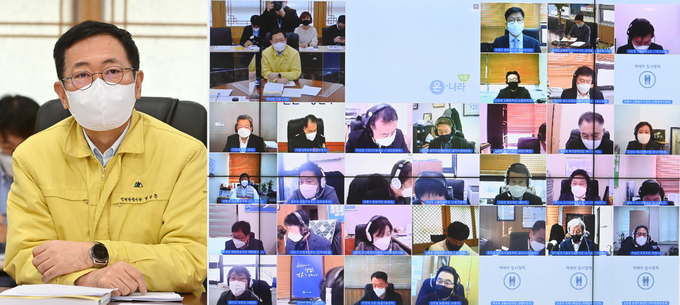 박남춘 인천시장이 28일 시청 접견실에서 열린 '2021년 실·국 10대과제 점검회의'에서 모두발언을 하고 있다. ( 사진 = 인천시 제공 )