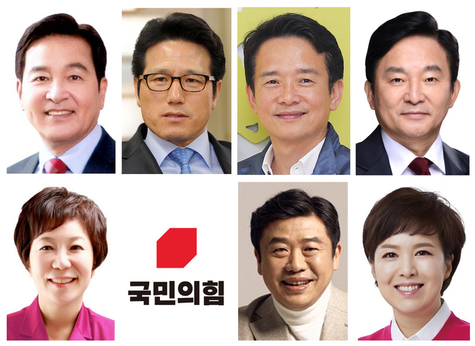 제8회 전국동시지방선거 경기도지사 선거에서 국민의힘 후보로 거론되는 심재철, 정병국, 남경필, 원희룡, 김은혜, 유의동, 정미경. (좌측부터 시계방향)