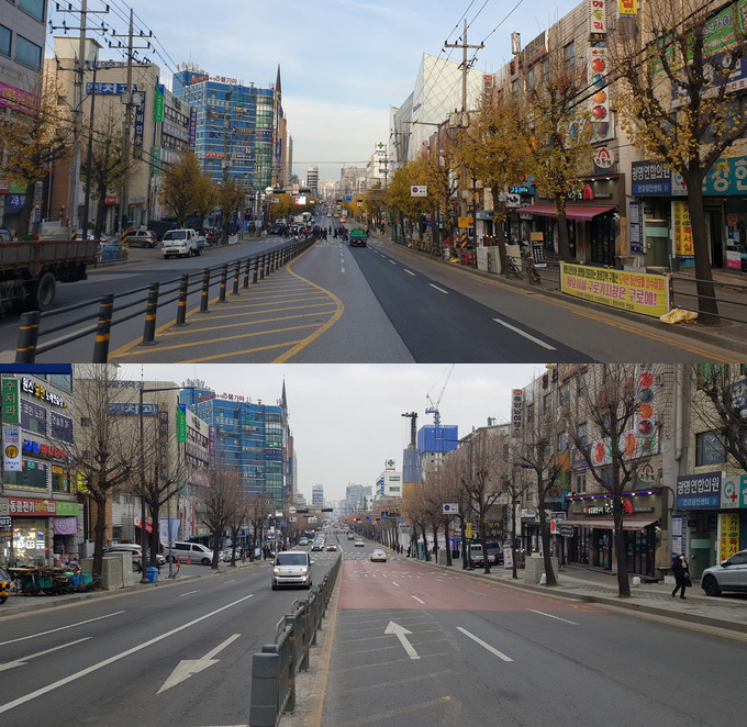  전신주 지중화사업 2차구간 공사 전(위) 과 후.(사진=광명시 제공)<br>
