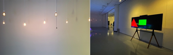 (왼쪽)노치욱 '소리의 빛', 2021. (사진= 정경아 기자), 노치욱 '삼각형, 사각형, 동그라미', 2017. (사진=용인문화재단 제공)