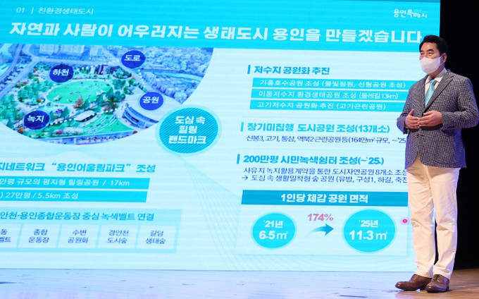 백군기 용인시장이 11일 시청 에이스홀에서 신년 언론 간담회를 열고 2022년 시정운영계획을 설명하고 있다.(사진=용인시 제공)