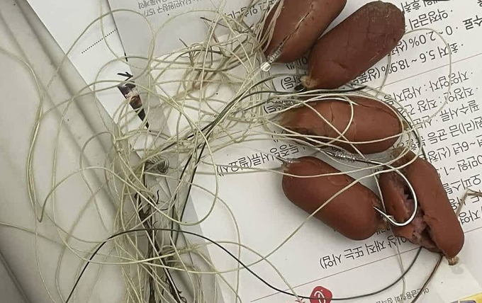 낚싯바늘 끼운 소지지. (사진=인스타그램 갈무리/연합뉴스 제공)