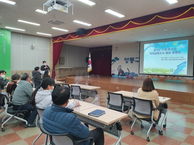 한국환경공단 관계자가 19일 영통구청 대회의실에서 악취실태조사 결과를 설명하고 있다. (사진=수원시 제공)