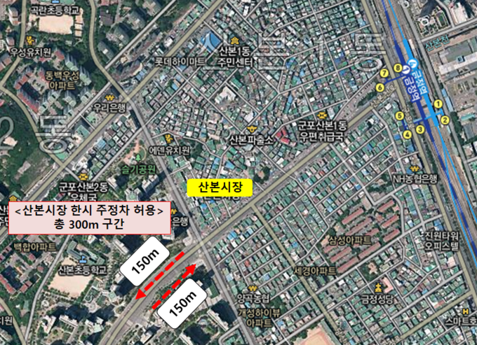 한시적으로 주차가 산본시장 주변 구간(붉은색 화살표).(사진= 군포시 제공)