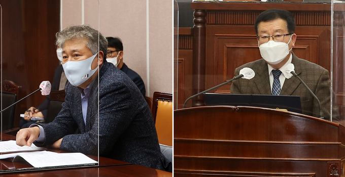 사진 왼쪽부터 군포시의회 제258회 임시회 본회의에서 이견행 의원이 ‘군포시 재난기본소득 지급 조례’ 일부 개정안 제안 설명을, 장경민 부의장이 5분 자유발언을 하고 있다.(사진=군포시의회 제공)