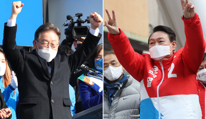  더불어민주당 이재명 대선후보(왼쪽)와 국민의힘 윤석열 대선 후보가 제20대 대통령 선거 공식 선거운동 첫날인 15일 부산 부전역과 서울 청계광장에서 각각 지지를 호소하는 연설을 하고 있다. (사진=사진공동취재단/연합뉴스 자료사진)