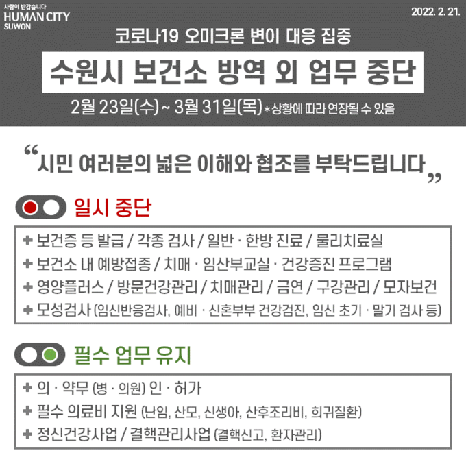 수원시 4개 구 보건소의 중단 업무와 유지 업무 안내. (사진= 수원시 제공)