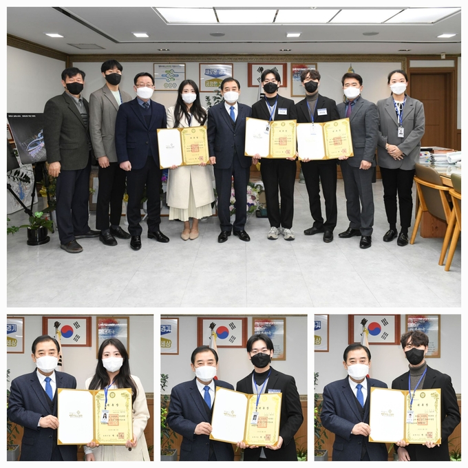 (상) 위촉장을 받은 학생들이 박윤국 포천시장과 기념촬영하고 있다. (하 좌) 일일 명예 시장 권수민 씨. (하 중) 일일 명예 부시장 차기욱 씨. (하 우) 일일 명예 자치행정국장 한민재 씨. (사진=포천시 제공)