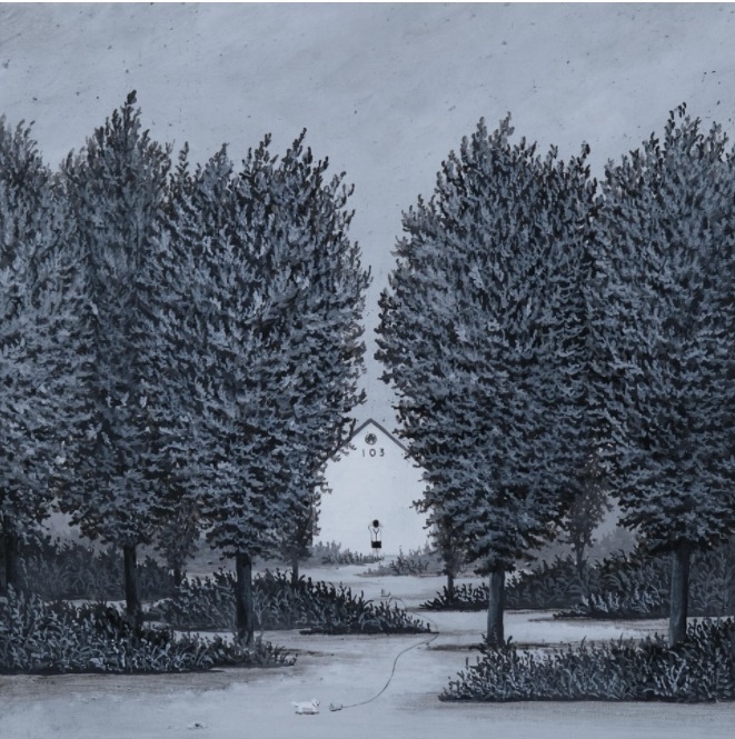 판매가 완료된 심봉민 작가의 작품. '다롱이가 찾는 건 뭘까, Acylic on canvas chacoal, 30cm×30cm, 2022'. (사진=고양문화재단 제공)