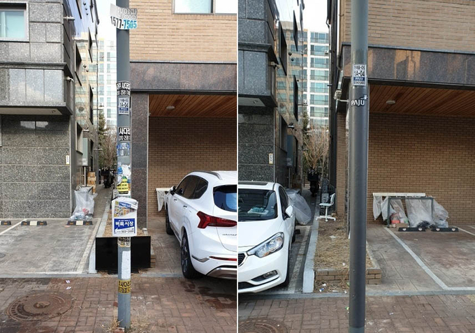 파주시 운정2동의 불법광고물 방지시트 설치 전(왼쪽)과 후의 가로등 모습.(사진=파주시 제공)