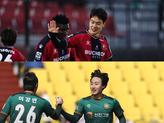 하나원큐 K리그2 2022에서 시즌 초반 돌풍을 일으키고 있는 K리그 막내구단 김포FC가 부천FC 1995를 상대로 3연승에 도전한다. 사진은 김포FC의 상승세를 이끌고 있는 손석용(아래)과 부천FC 한지호(위)의 모습. (사진=한국프로축구연맹 제공)