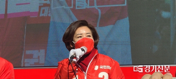 나경원 국민의힘 전 원내대표가 윤석열 후보 지지 연설을 하고 있다. (사진=문석완 기자)