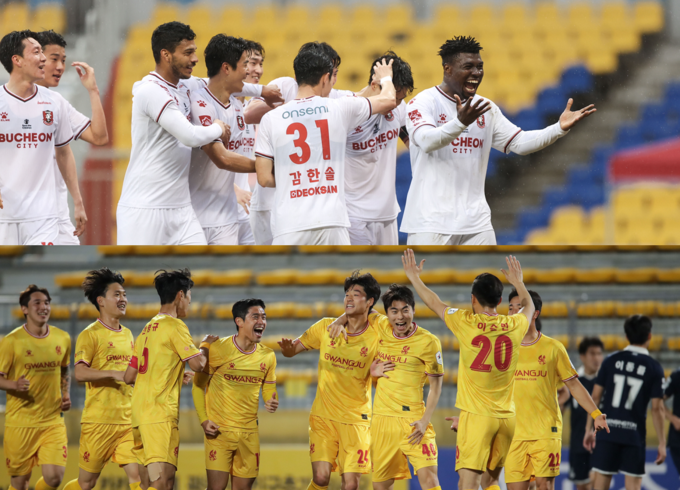 프로축구 K리그2 부천FC 1995가 오는 20일 부천종합운동장에서 열리는 하나원큐 K리그2 2022 6라운드에 광주FC를 상대한다. 부천FC 선수들(사진 위)과 광주FC 선수들의 모습. (사진=한국프로축구연맹 제공)