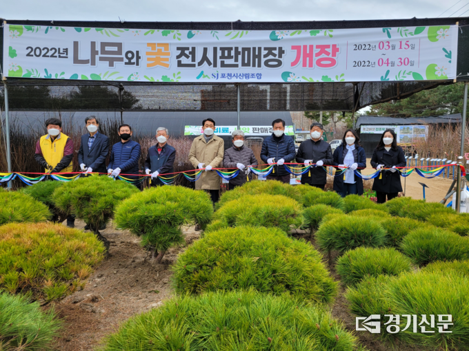 나무시장 개장식에서 참석자들이 테이프 컷팅식을 하고 있다. (사진=포천시산림조합 제공)