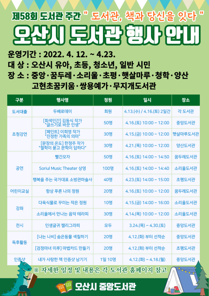 오산시 중앙도서관은 풍성한 프로그램 운영 홍보포스터(사진=오산중앙도서관 제공)